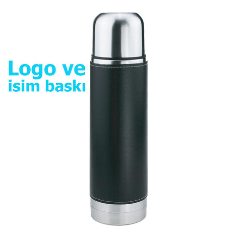 Bardaklı Çelik Termos 500 ml, Siyah 8196, Deri - Thumbnail