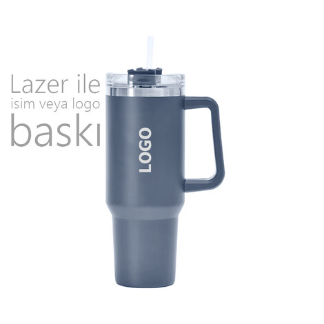 Kulplu & Pipetli Çelik Termos 1180 ml 8179, Gri - Thumbnail