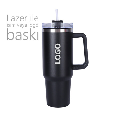 Kulplu & Pipetli Çelik Termos 1180 ml 8179, Siyah - Thumbnail